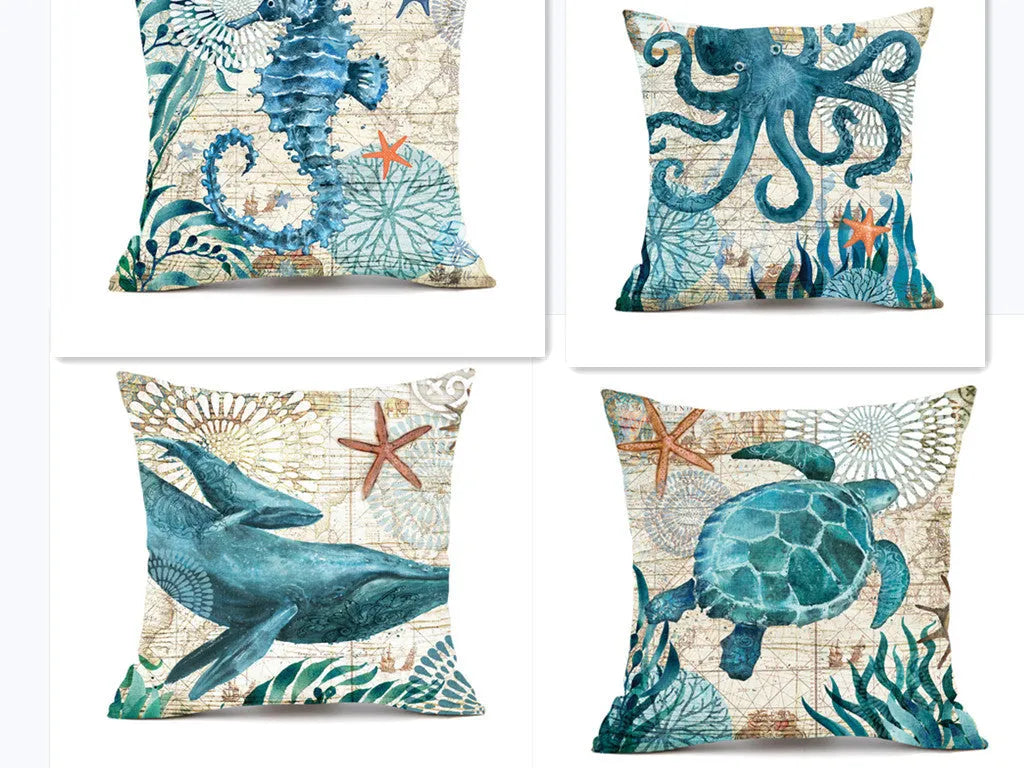 Linen cushion cover sea turtle printed pattern 45x45cm with invisible zipper