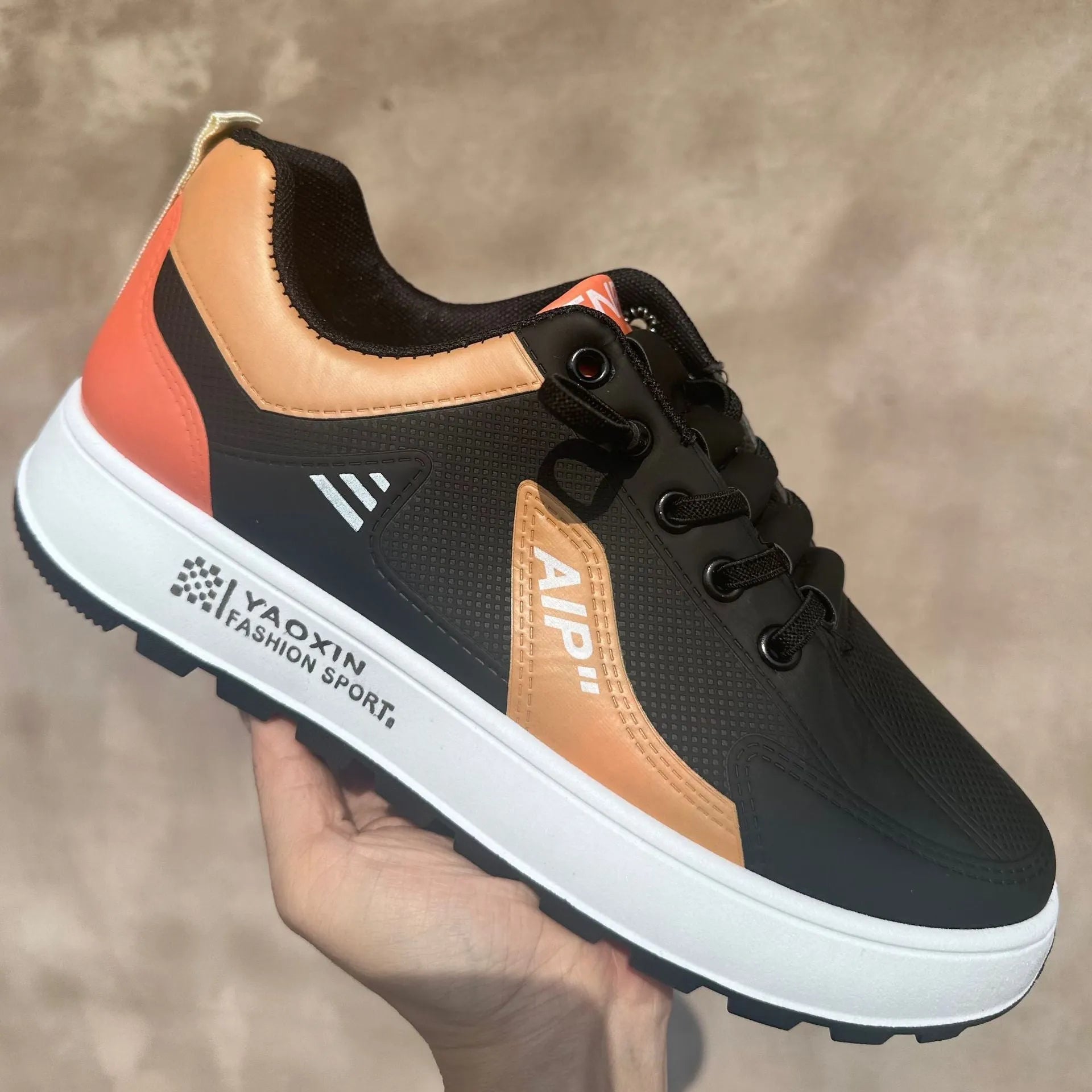 Men's white and orange casual sports shoes with round toe and artificial PU upper