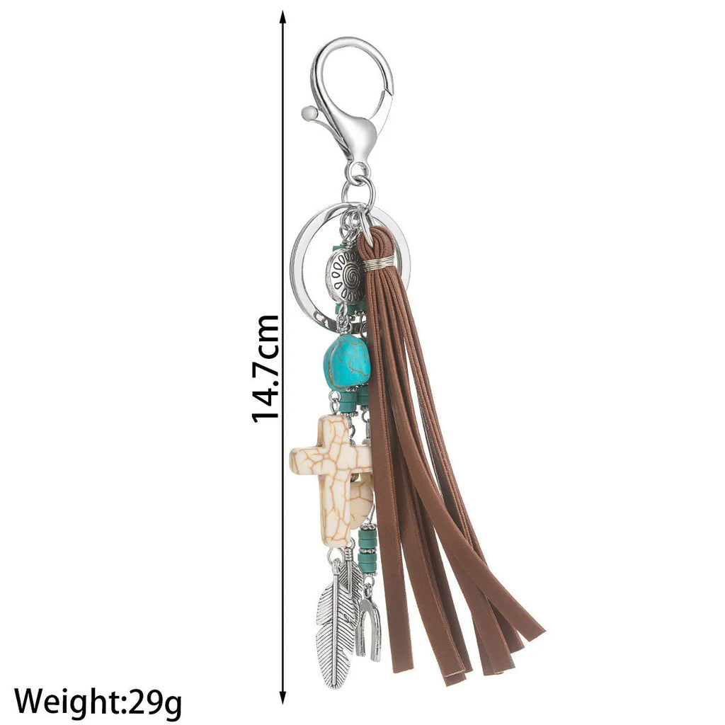 Cross leather rope tassel pendant keychain in retro alloy finish colour XY-3669