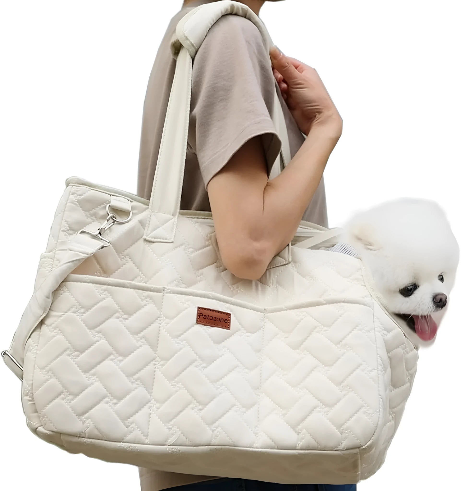 Grey pet carrier handbag with mesh panels and shoulder strap for cat or small dog transport