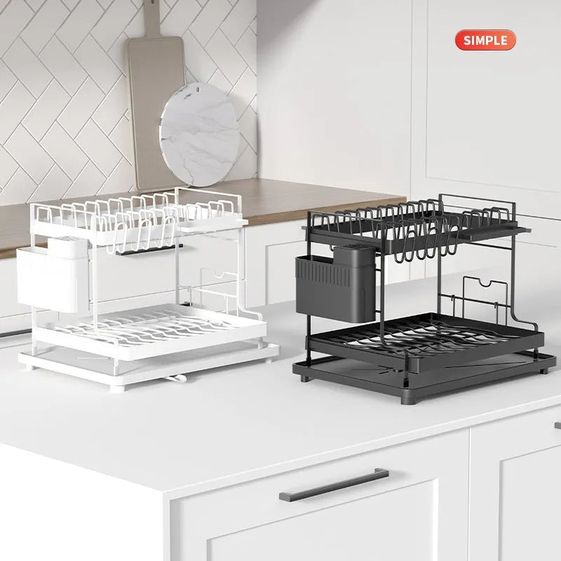 White and black double-layer kitchen storage rack with removable draining function