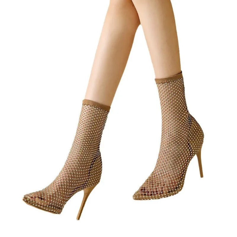Gold mesh women's high heel sandals with pointed stiletto toe on rubber sole