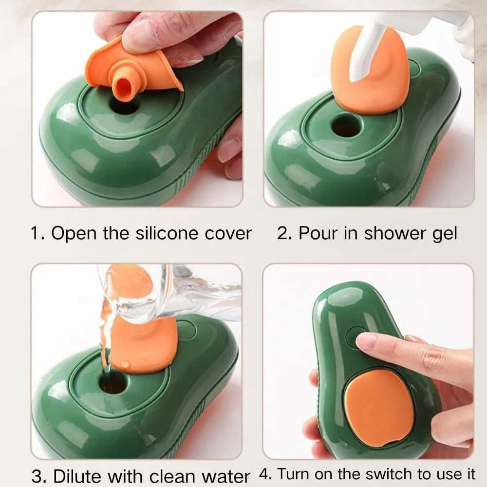 Green and white rechargeable cat steam grooming brush with silicone teeth and water spray nozzle.