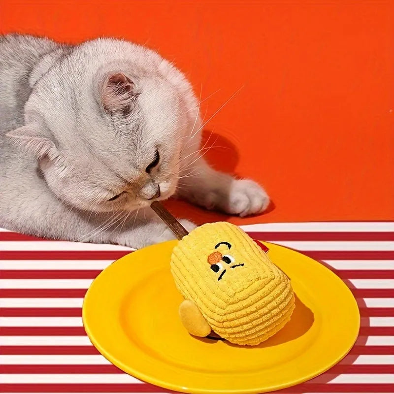 Corn Cob polio wood cat dental chew toy with catnip, showing Boxer and Coach style options.