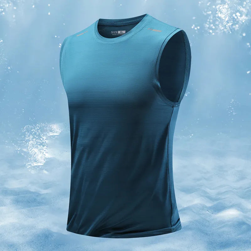 Men's loose fit sleeveless waistcoat in bamboo fibre fabric, showing straight hem design.