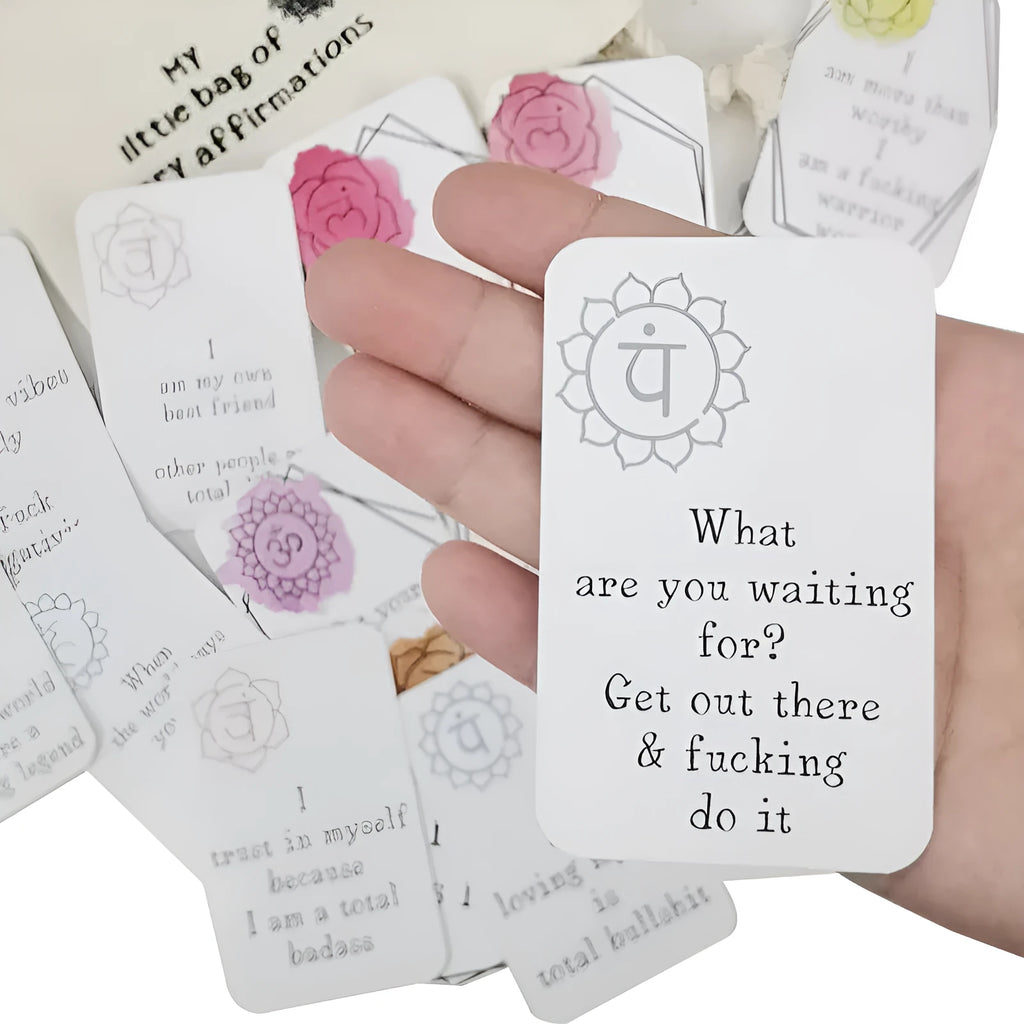 Set of 16 colourful funny affirmation cards with soft designs in a greeting card bag.