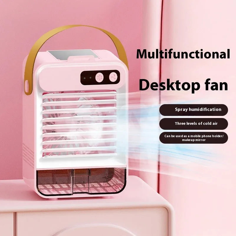 Dark green and ivory white desktop air humidifier with 5-blade fan and USB port measuring 19x12.5x10cm