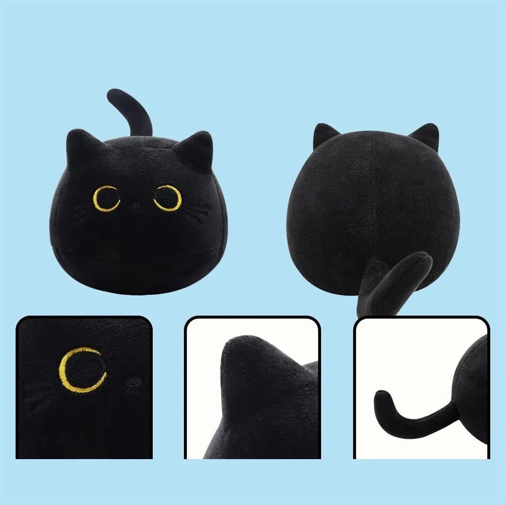 Black cat fluffy plush toy soft pillow cushion measuring 28cm with embroidered face