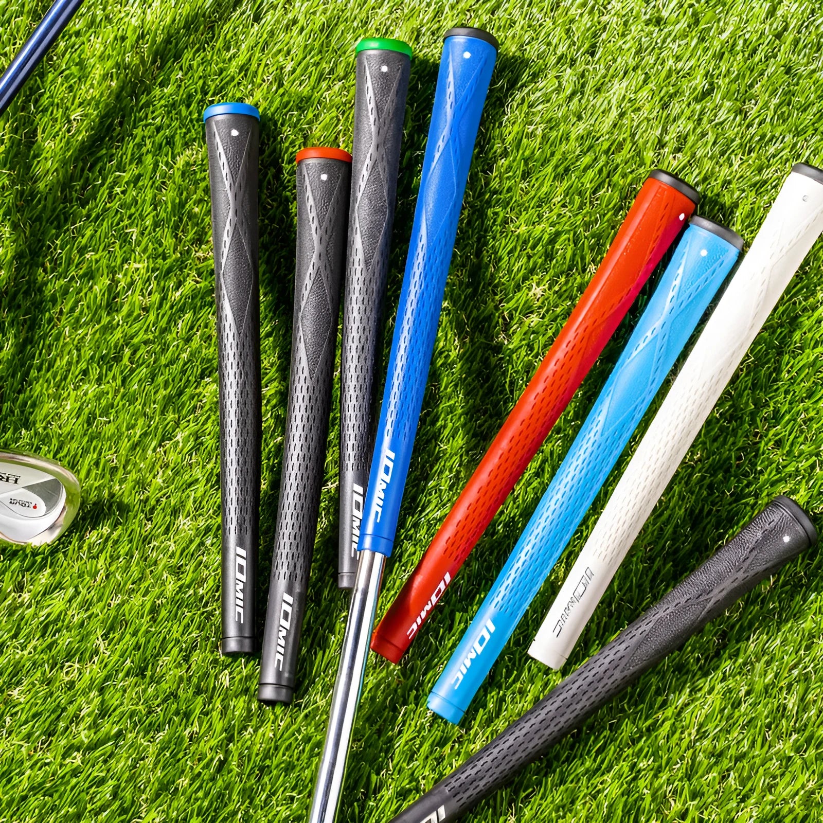 TPE material golf club grip shown in various colours including pink, red, blue, and black combinations.