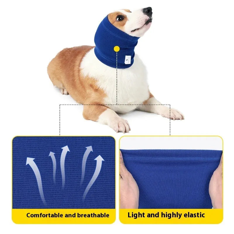 Blue or grey polyester dog comforter headband scarf shown in small, medium, and large sizes