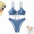 Blue polyester three-piece swimsuit set without underwire with separate top and shorts
