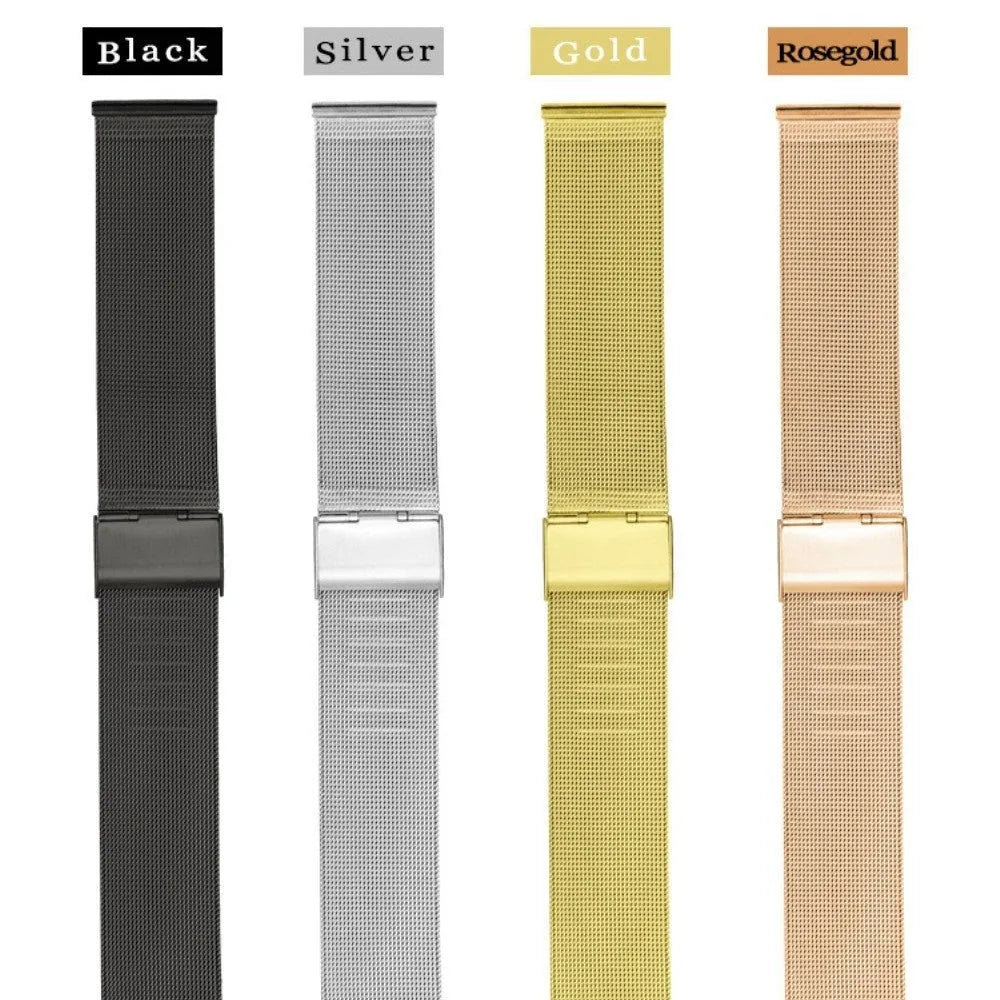 Milani woven stainless steel watch band showing silver, black, rose gold and gold colour options