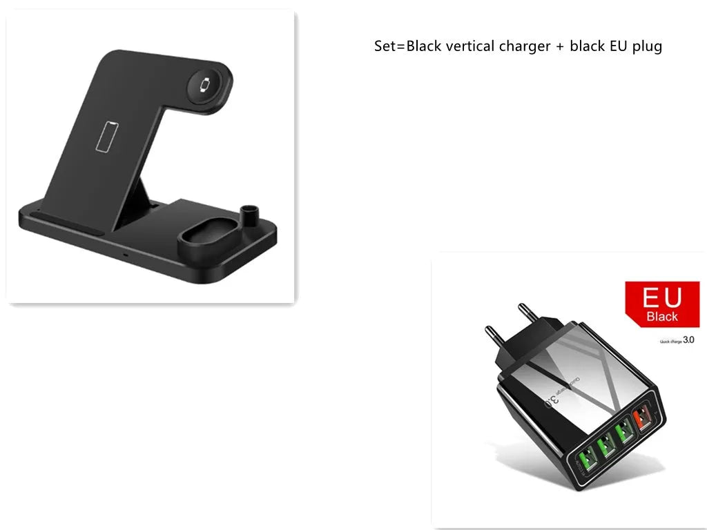 4-in-1 wireless charging station with adjustable stand charging iPhone, Apple Watch, and AirPods