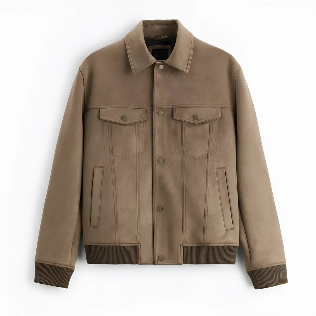 British style suede velvet long sleeve jacket in mink colour on a hanger.