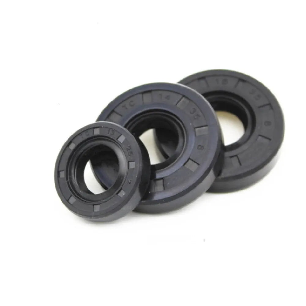 AG100 motorcycle engine oil seal kit showing 10 rubber seals with carbon steel frames in various metric sizes