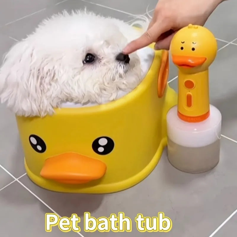 Blue PVC duck-shaped bathtub for washing dogs and cats on a lawn