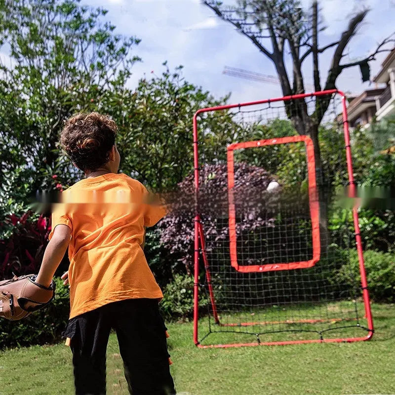 Red 4x6FT adjustable baseball training net with steel frame shown in garden setting