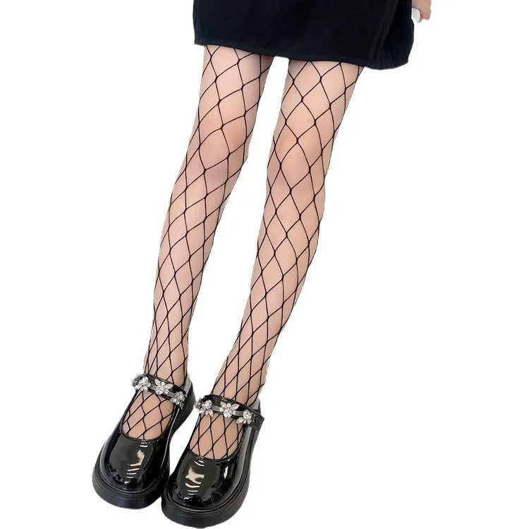 Women's solid color mesh stockings in black and white with anti-hook thin polyester fabric in large medium and small net sizes.