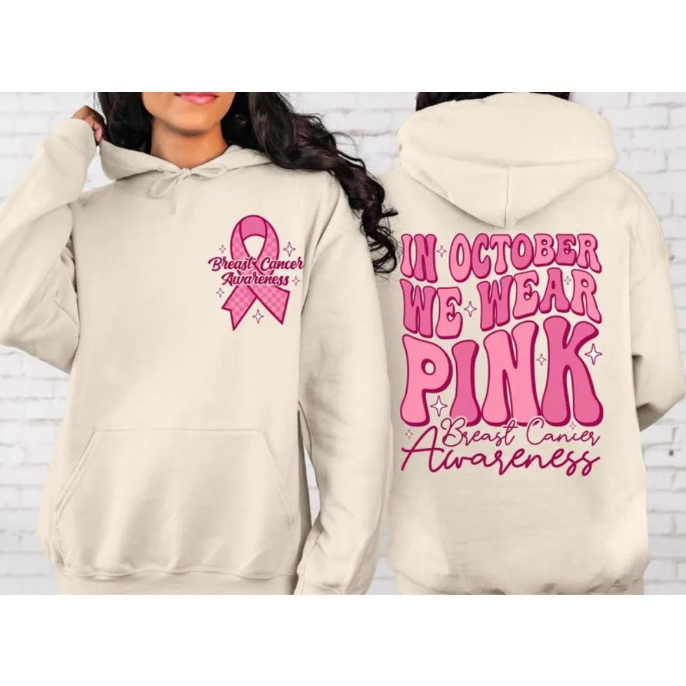 Pink Breast Cancer Awareness hoodie with retro hot stamp pattern and side seam pockets.