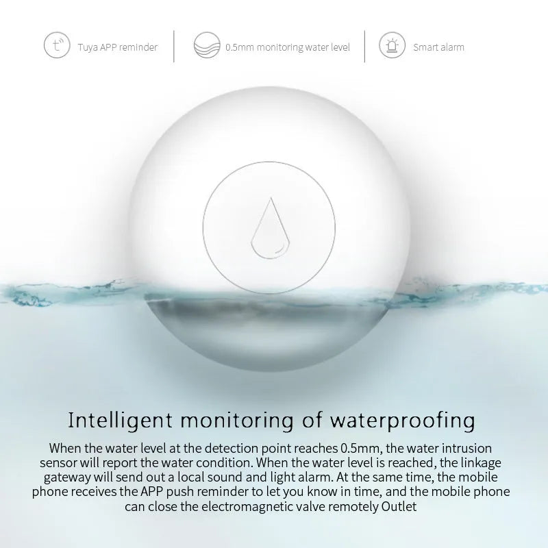 Small white Zigbee wireless water leak sensor with FCCID and CE markings on a flat surface.