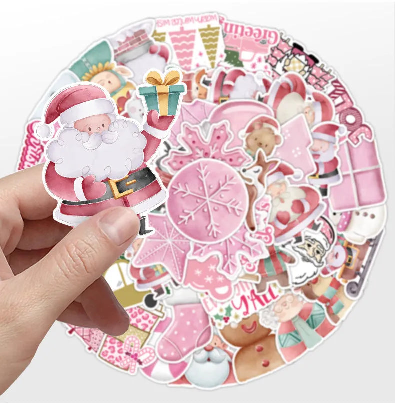 Assortment of 50 cute Christmas themed waterproof stickers ranging from 4cm to 8cm in size on a sheet.