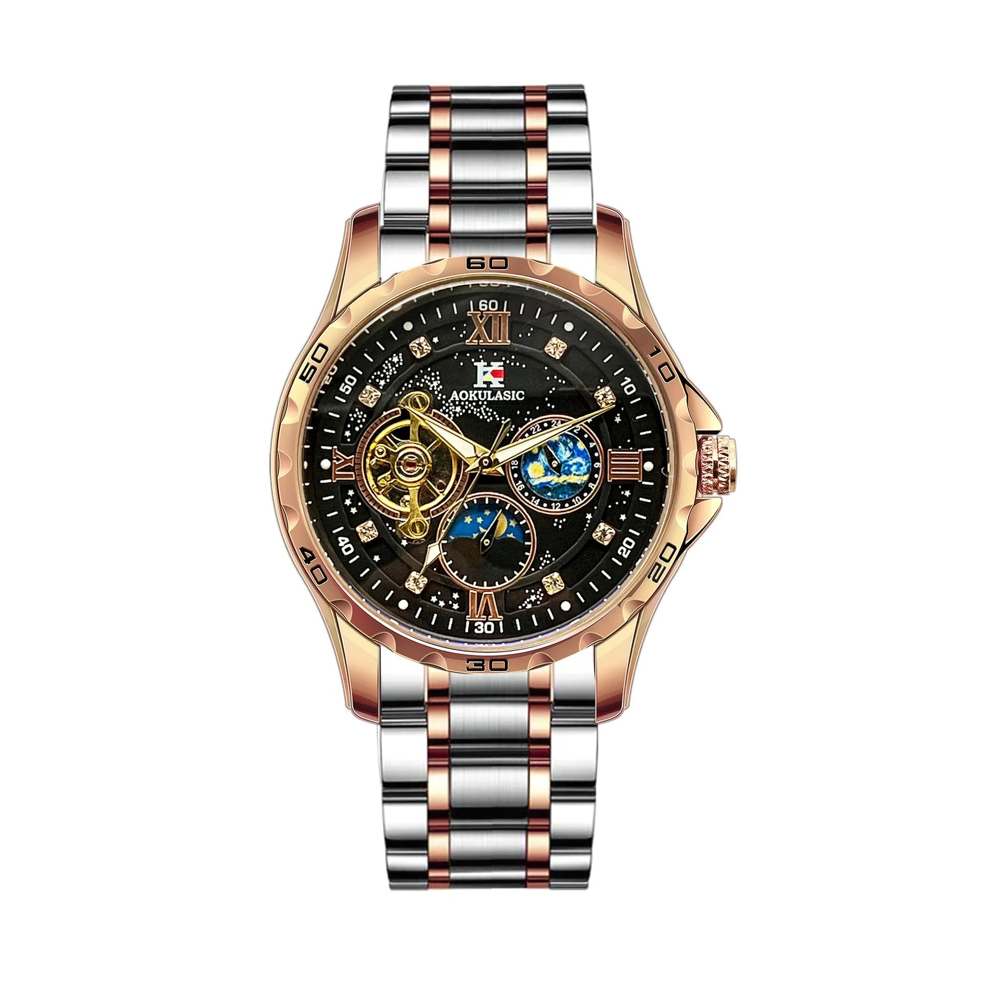 Automatic mechanical men's watch with rose gold casing and black dial