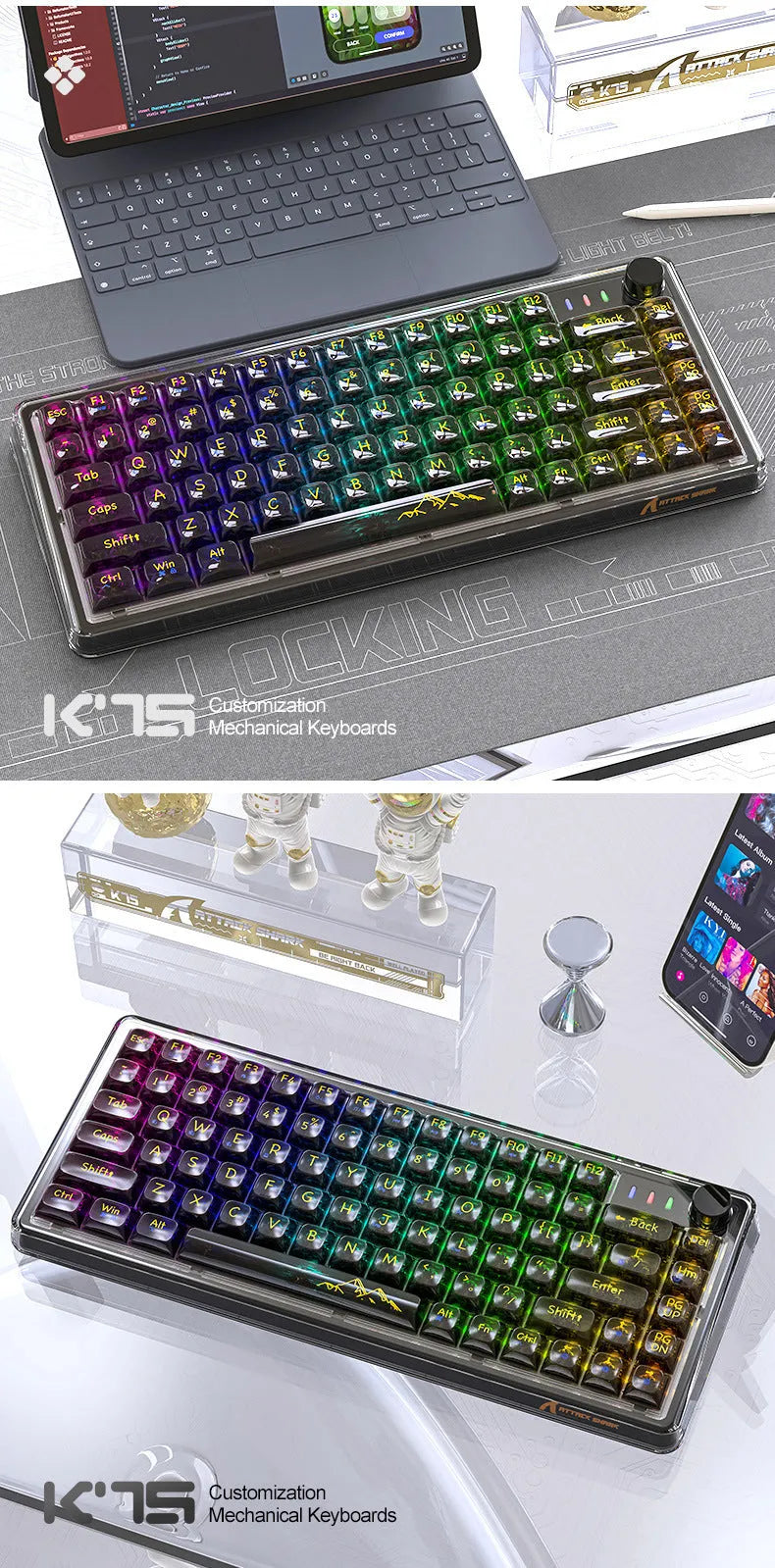 Attack Shark K75RGB wireless mechanical keyboard with transparent black case showing RGB backlighting and 75% layout