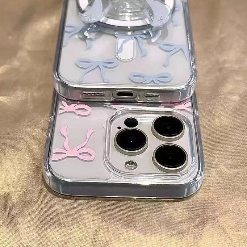 Bow print acrylic mobile phone case with magnetic suction, blue paste bowknot, compatible with iPhone