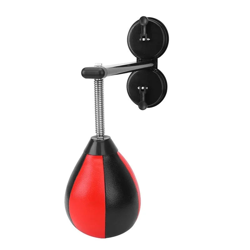 Hanging speed ball boxing training equipment with red and black ball head and suction cup mounting system