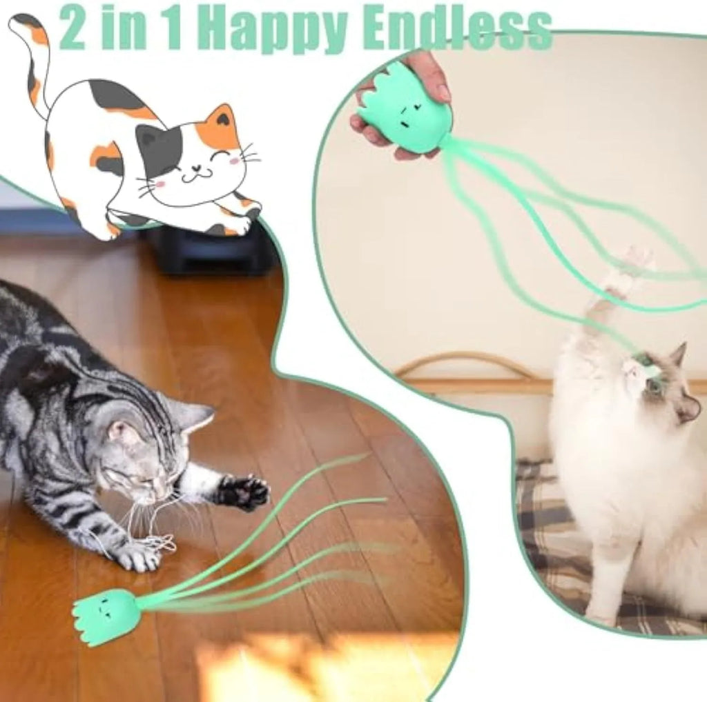 Green automatic cat wand toy with rotating silicone tails for indoor cat entertainment