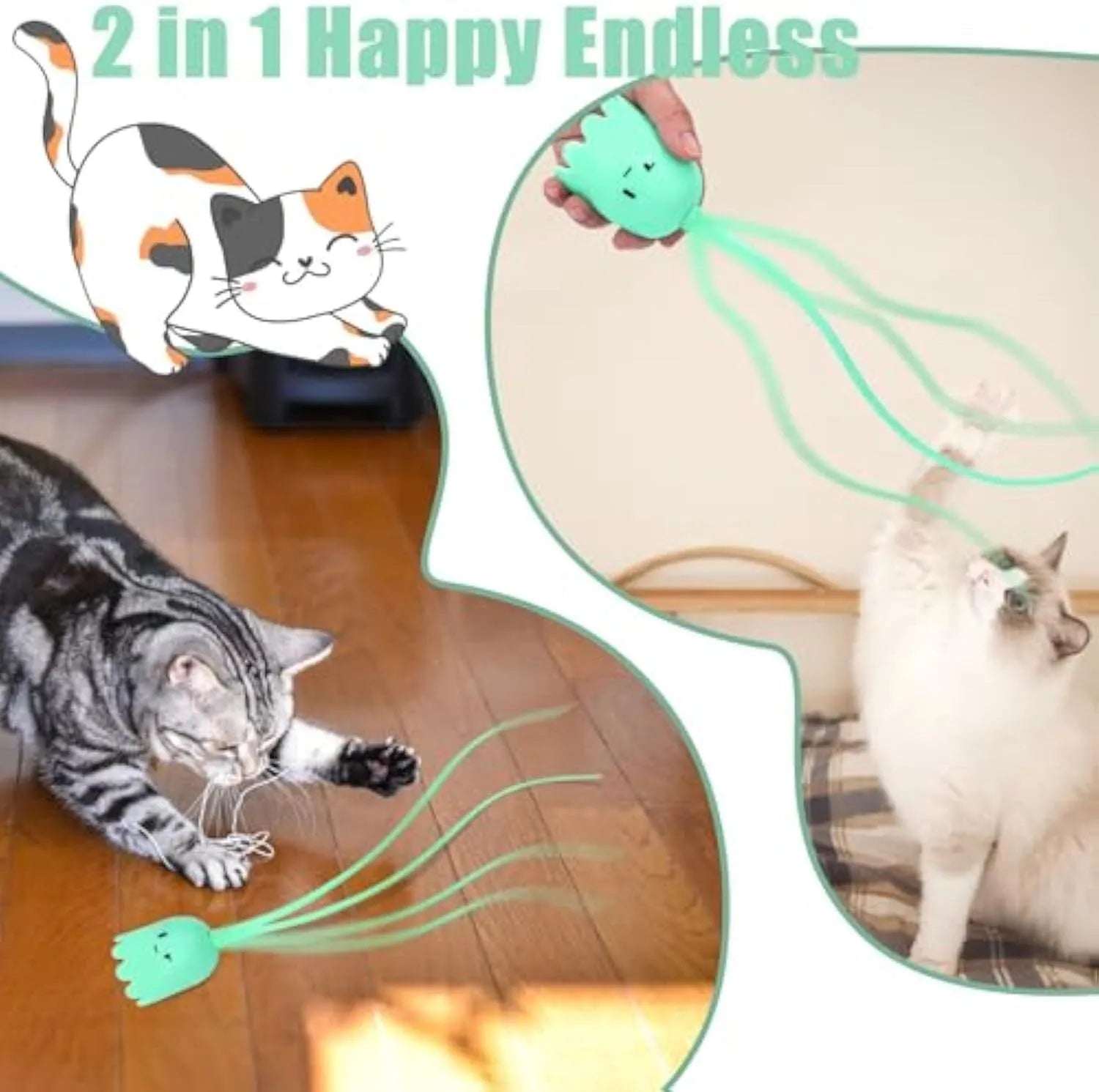 Green automatic cat wand toy with rotating silicone tails for indoor cat entertainment