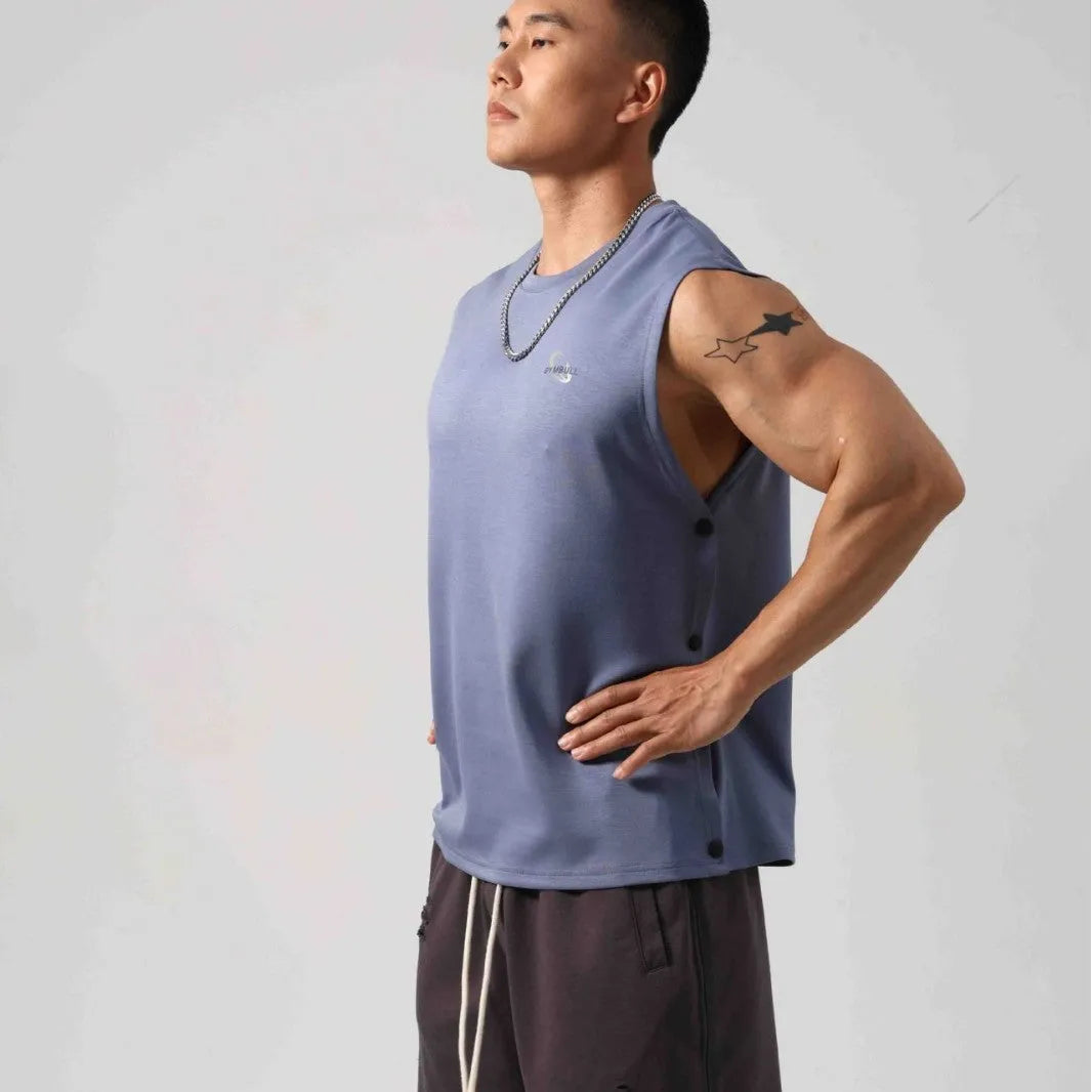 Men's loose grey cotton fitness vest with a hidden hook opening at the front.