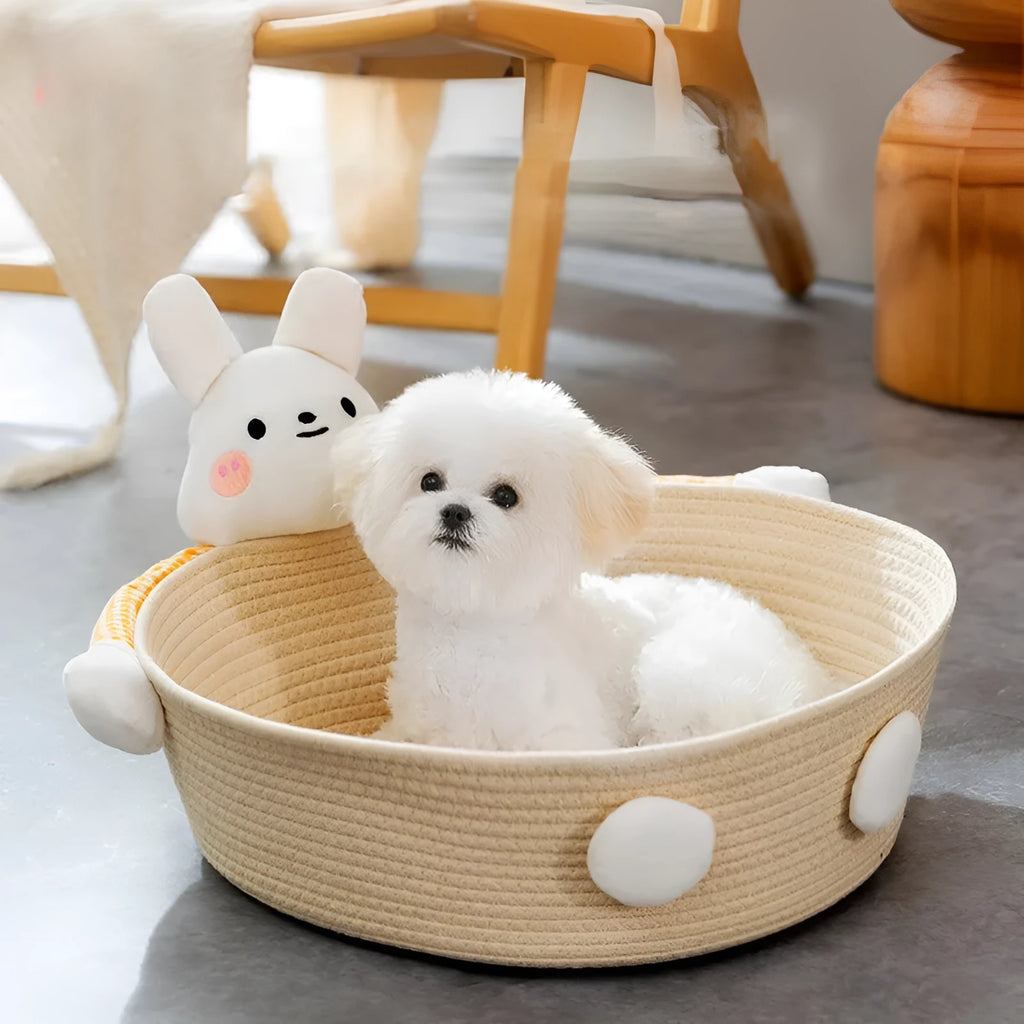 Woven cotton rope cat bed and scratcher basket in bear or rabbit design, shown in small, medium, or large size.