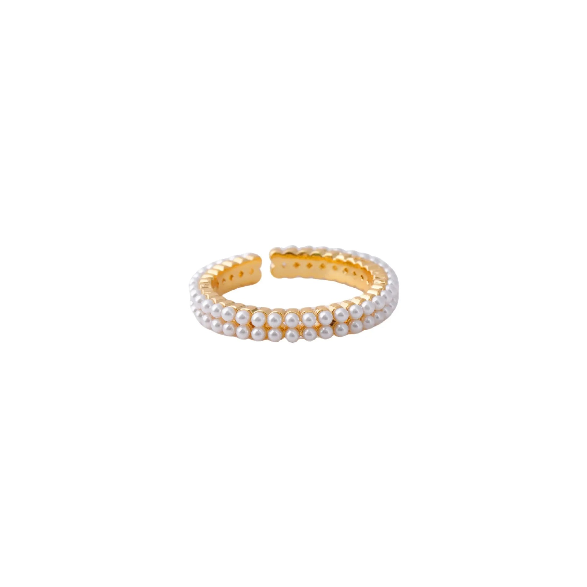 Gold geometric open mouth women's ring with pearl detailing on copper base