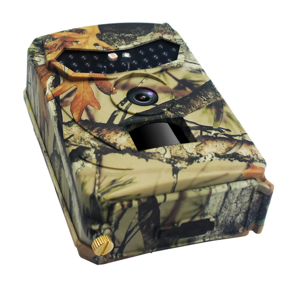 Yellow brown plastic 16MP hunting game camera with infrared lights and wide lens for outdoor wildlife monitoring.