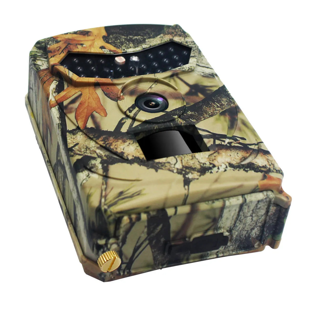 Yellow brown plastic 16MP hunting game camera with infrared lights and wide lens for outdoor wildlife monitoring.
