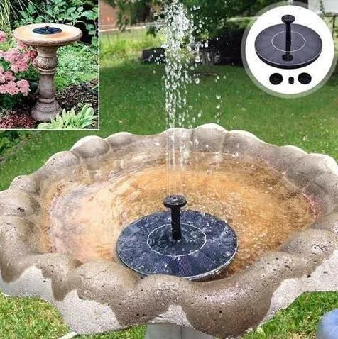Black solar-powered floating fountain pump with four spray nozzles on a solar panel base