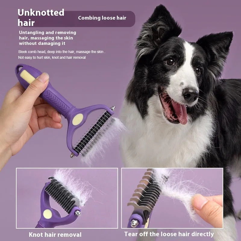 Purple double-sided plastic pet comb for untying knots in dog and cat fur