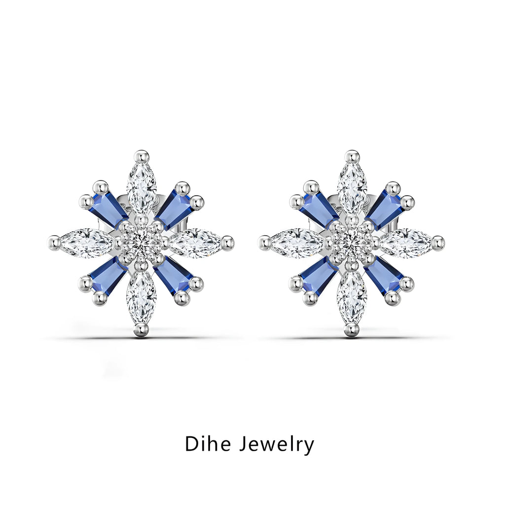 S925 sterling silver stud earrings with snowflake Mori style design in platinum white diamond colour