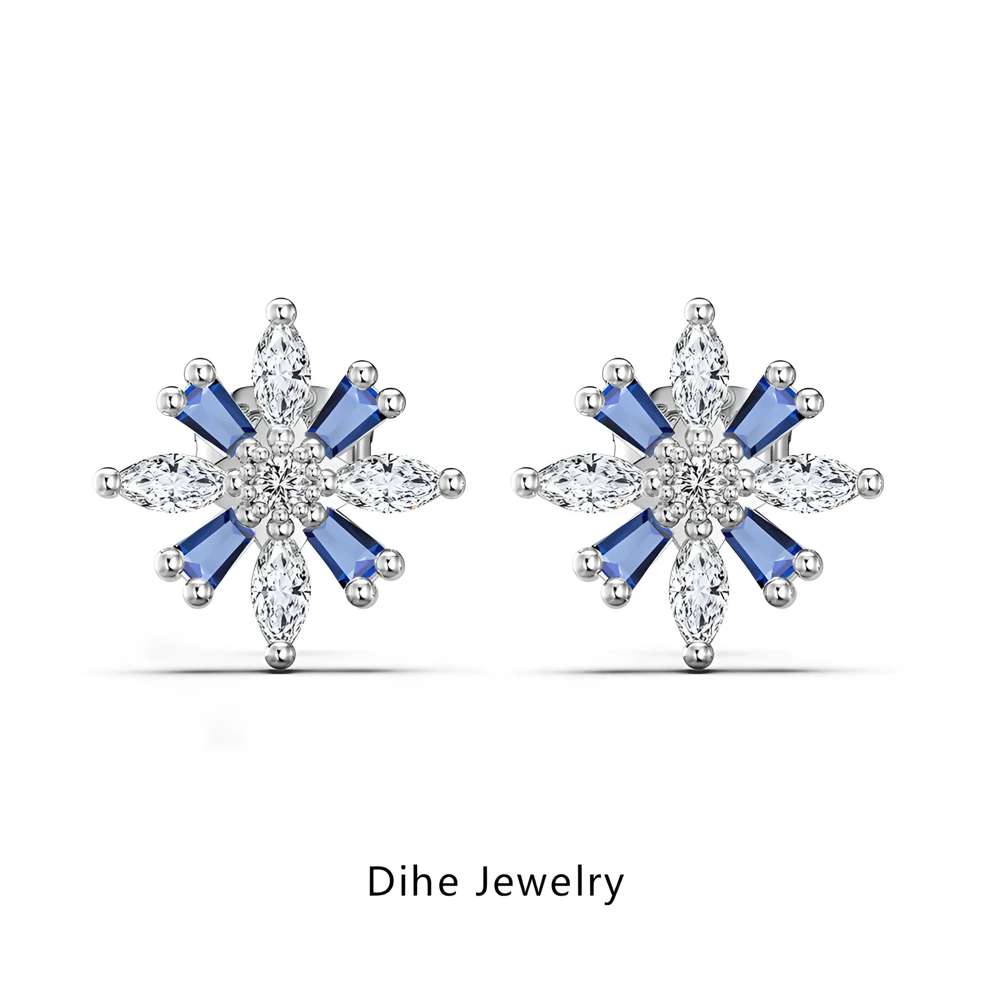 S925 sterling silver stud earrings with snowflake Mori style design in platinum white diamond colour