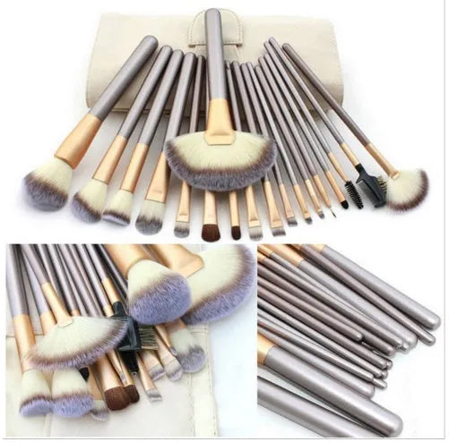 Persian make-up brush set with rice white bristles and champagne-coloured handles displayed in 12, 18, and 24 piece options.