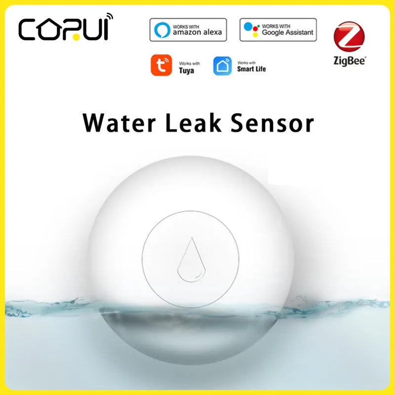 Small white Zigbee wireless water leak sensor with FCCID and CE markings on a flat surface.