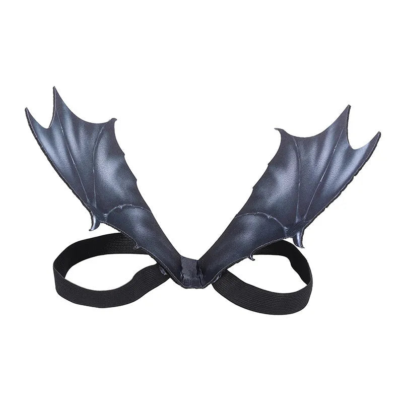 Black cloth bat wing Halloween costume for pets showing three size options for cats and dogs