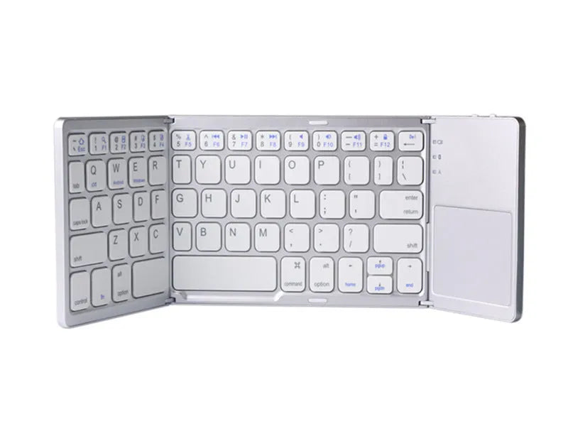 Tri-fold folding Bluetooth keyboard with touchpad in black or silvery white, shown folded and unfolded