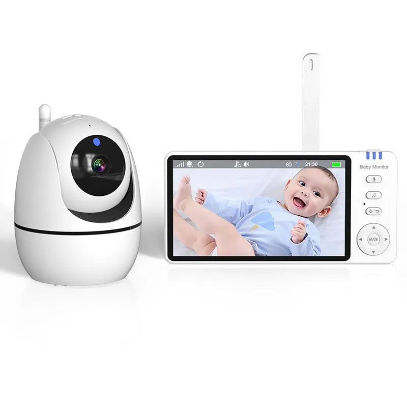 White wireless baby monitor with 5-inch screen showing baby room video