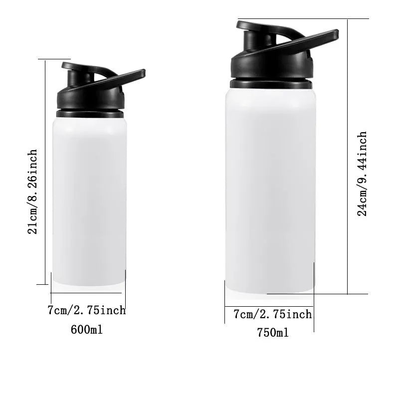 White aluminium sports water bottle shown in 600ml and 750ml capacity options.