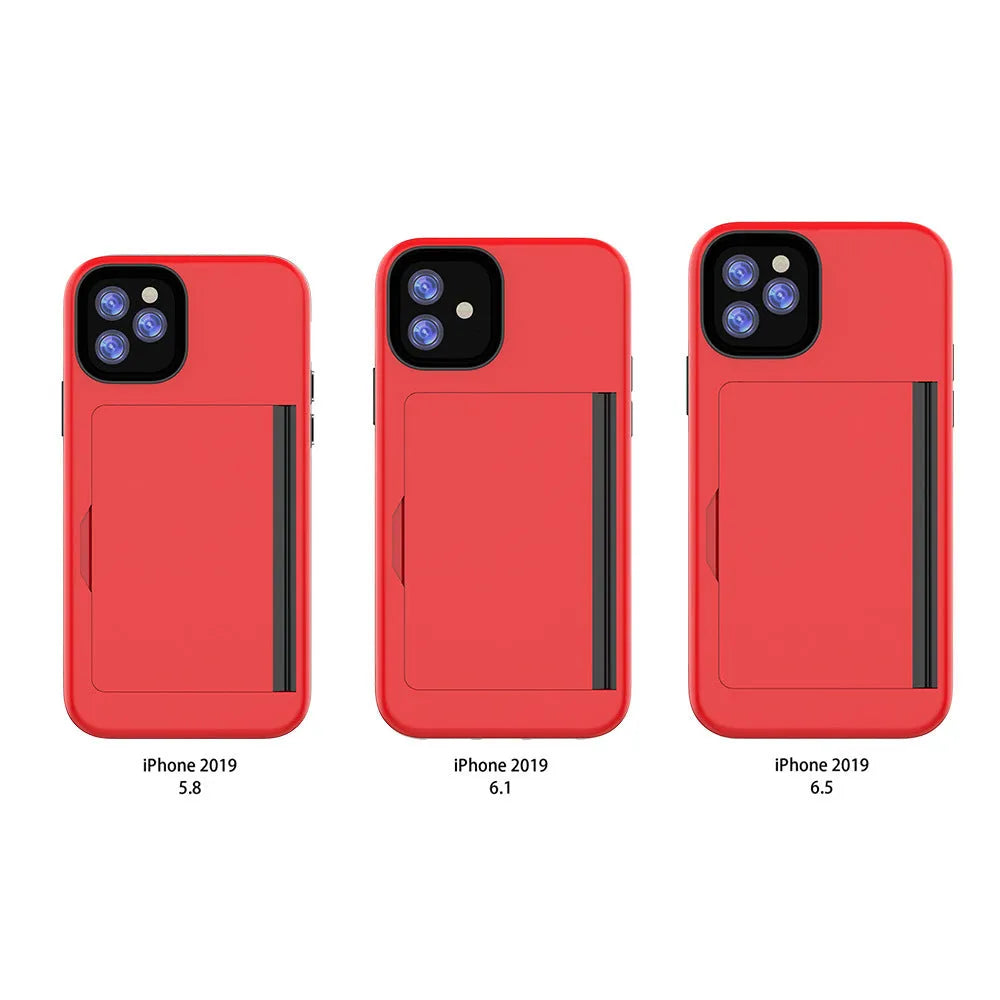 Simple solid-colour TPU and PC phone case for iPhone 11, shown in black, red, pink, dark blue, blue and purple.