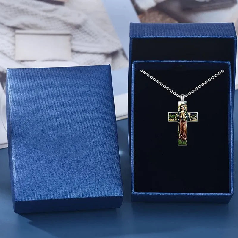 Silver alloy women's necklace with creative painted cross pendant on white background