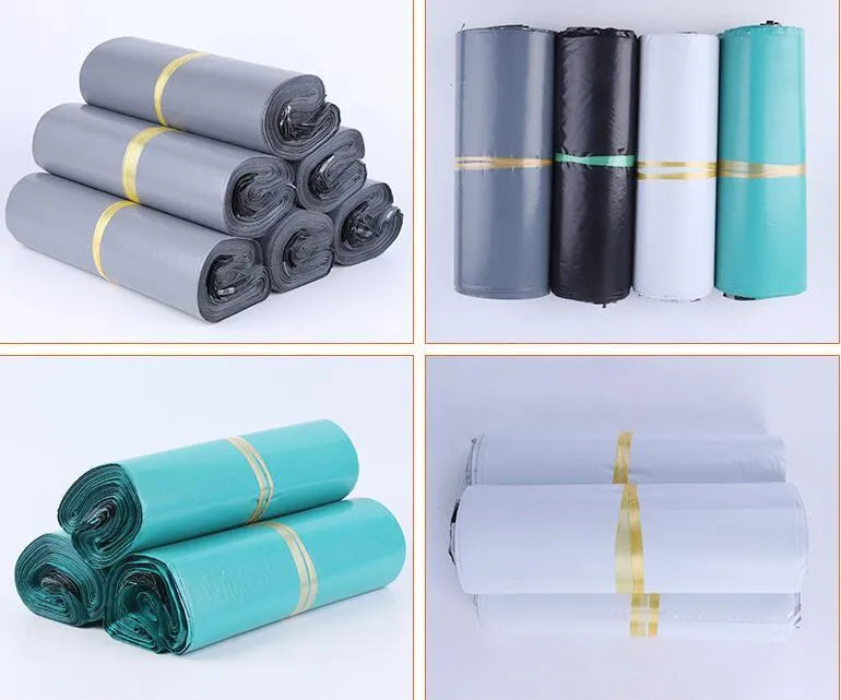Bundle of 100 clear PE plastic courier clothing bags in multiple sizes with adhesive sticker seals.