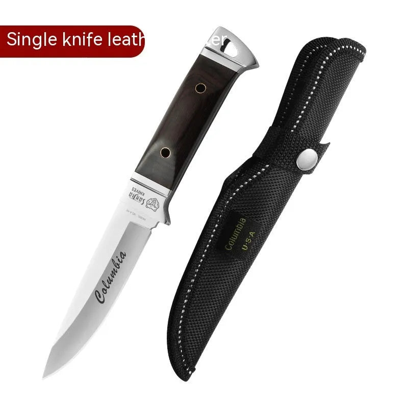 Camping stainless steel fruit knife with national style design in leather case